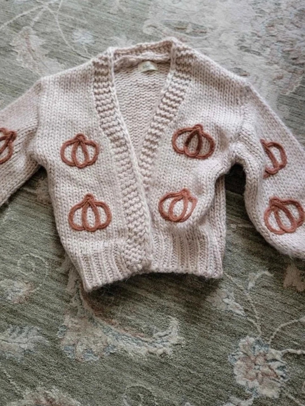 Tullabee Cozy Pink Chunky Knit Cardigan with Pumpkin Motif Fall Autumn